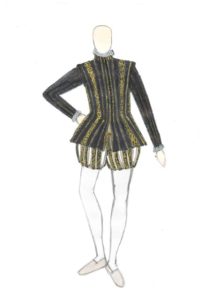 Dessin d'un costume masculin vers 1550-1560 noir et doré, constitué d'un pourpoint et d'un haut-de-chausses