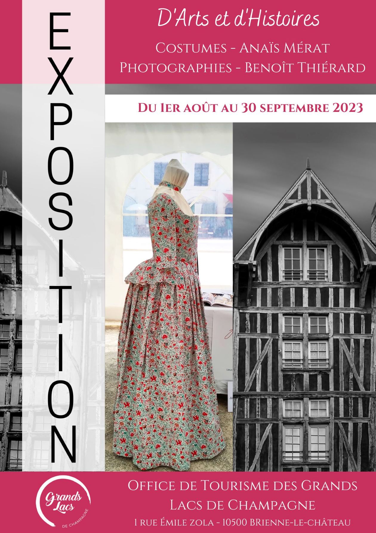 affiche de l'exposition avec des bandeaux roses en haut et en bas, au centre une photo d'une robe et une photo de maison à pan de bois troyenne